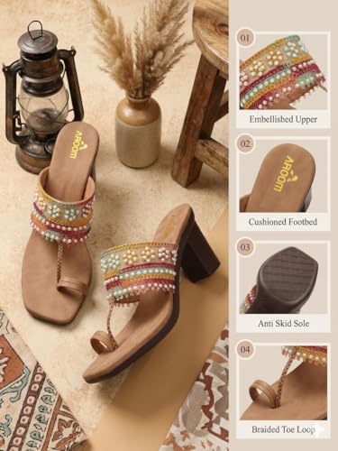 Image of AROOM Women's One Toe Block Heels Stability | Comfortable & Stylish Sandals for Women & Girls | Women Wedge Heels Thong Sandals| Comfort Orthopaedic Sandals | Doctor Heels Slippers | Arch Support & Stylish Block Heel Cushion | Lightweight Anti-Skid Sole | Ultra-Cushioned Shock Absorbing Footbed | Open Toe & Toe Separator Style | Peep-Toe | Mary Jane Women Daily Use Formal Wedges | Ladies Casual Wear Footwear | Kohlapuri Chappal Heels | Bridal, Wedding Sandals | Slip-on | Pump and Mule Sandals