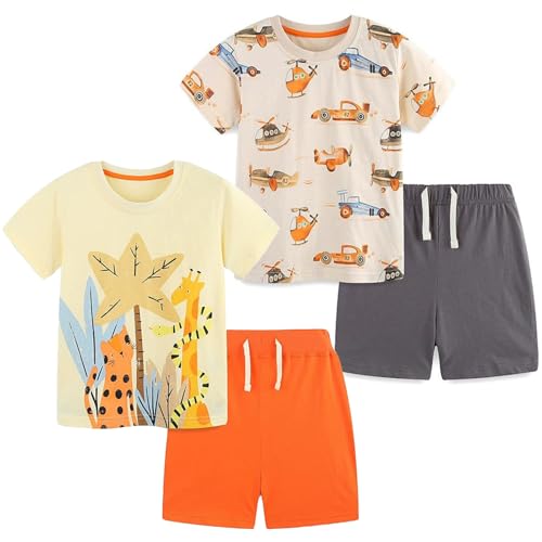 Image of Baby Boys' Summer Clothing Set, 2 Piece Cotton Toddler Boy Outfits 2-6T | Short Sleeve T Shirt and Short, Soft Breathable Infant Boy Clothes, Crewneck, Elastic Waist Shorts, Dinosaur /Car Print