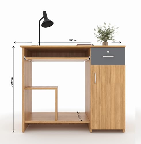 Image of 45x90x76CM Engineered Wood Study & Office Table with Drawer, Cabinet Storage & Keyboard Tray | Sturdy, Foldable DIY Multipurpose Table- Urban Teak with Grey