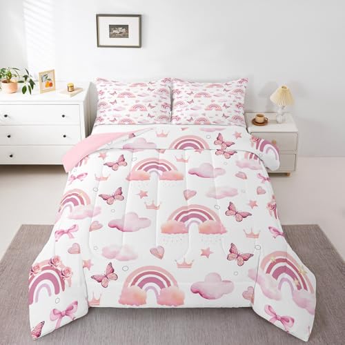 Homewish Pink Butterfly Kids Comforter Set for Boys Toddler Size,Love Crown Quilted Rainbow Bow Bedding Set with 1 Pillow Sham,Lightweight Soft Breathable Bedding 2 Pieces