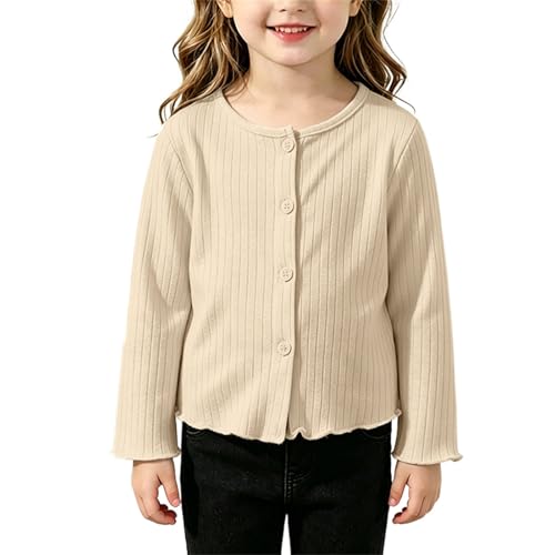 Girls' Ribbed Knit Cardigan Long Sleeve Button down Lightweight Sweater Toddler Knitwear Button (Beige, 3-4 Years)