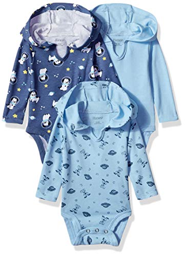Image of Hanes Baby Long Sleeve Bodysuit, Ultimate Bodysuit Hoodie Boys & Girls, 3-pack