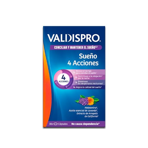 VALDISPRO Conciliar y mantener el sueño, Sueño 4 acciones 1 mg, Melatonina, Ayuda A Relajarse, Dormir Más Rápido, Reducir Despertares Nocturnos Y Sueño Natural, 30 Cápsulas Líquidas