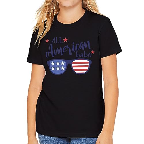 All American Babe Kids' T-Shirt - Patriotic Girl Clothing - Stars and Stripes Present - Black, L(14/16)