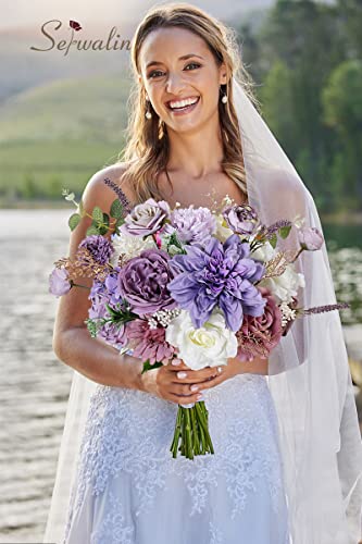 Serwalin Fake Purple Artificial Flowers Silk Dahlia Flowers Wedding Roses Bridal Bouquet Centerpieces Lavender Baby Shower Cake Home Decor Diy Craft Box Set Spring Floral Valentine Gift #TOP1