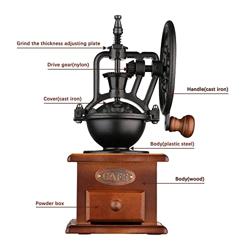 Manual Coffee Grinde,Vintage Style Wooden Hand Grinder Hand Coffee Grinder Antique Cast Iron Roller Classic French Press Coffee Mill Hand Crank Coffee Grinders With Brush&Spoon #TOP3
