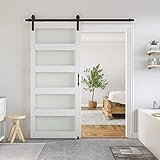 SmartStandard 34 x 80 in Glass Barn Door with 6FT Sliding Hardware Kit & Handle, Pre-Drilled Ready to Assemble, Waterproof PVC Coating, White, 5-Panel Glass