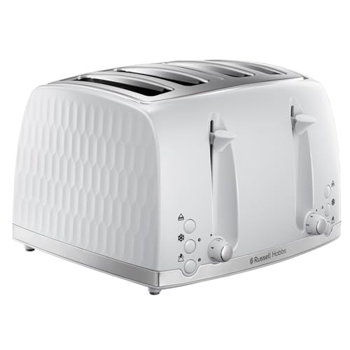 Russell Hobbs Honeycomb 4 Slice Toaster (Independent & Extra wide slots with high lift 6 Browning levels Frozen/Cancel/Reheat function Removable crumb tray 1500W White textured high gloss) 26070