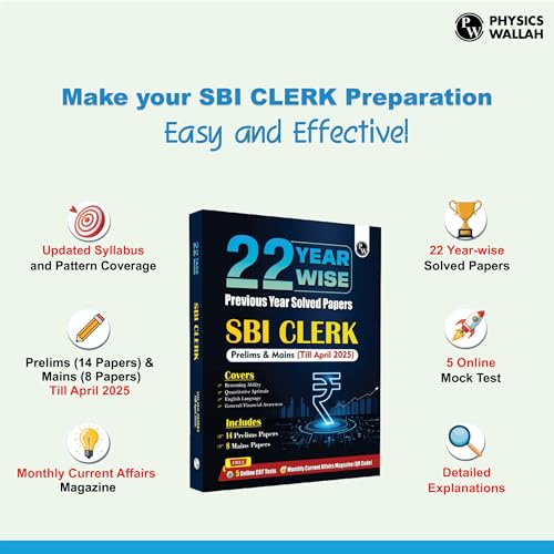 Image of PW 22 SBI Clerk Prelims & Mains Previous Year Solved Papers (Till April 2025) with 5 Online Mock Tests For 2025-26 Exam | PYQs | Fully Solved | English Edition [Paperback] PW