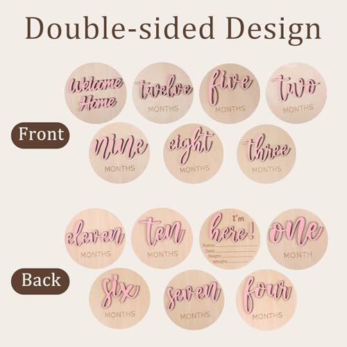 Image of 7 Pack Pink Baby Months Cards Disc 3D Baby Monthly Milestone Card Signs | Milestone Wooden Circles, Double Sided, Newborn Announcement Markers, for Welcome Newborn, Boy Girl, Photo Props