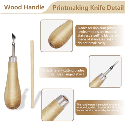 RFYTDCF 2 Linolschnitt Werkzeug Set, Linoleum Schnitzset mit 5 Klingen Holzschnitzwerkzeug Kit Handwerkliche Linoleum-Schnitzwerkzeuge für Ink Paint Block Stamping DIY-Schnitzerei