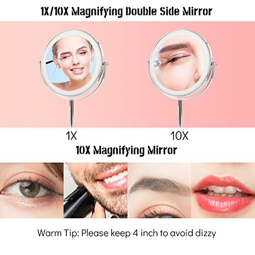 8" Lighted Makeup Mirror With Magnification, 1X/10X Magnifying Mirror With Light, Double Sided 360° Cordless Rechargeable, 3 Colors Brightness Adjustable Makeup Mirror With Lights With 52 Led(Silver) #TOP6