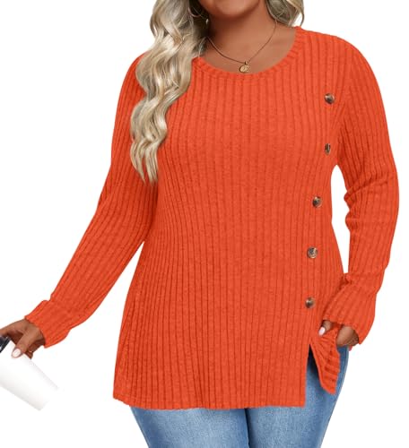 Image of HOTGIFT Womens Plus Size Sweater Tops Long Sleeve Crewneck Casual Tunic Shirts Buttons XL-5XL Blouse Soft Comfy Fashion