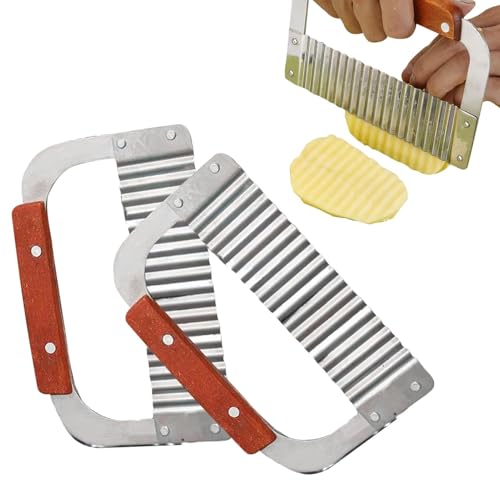 Cutter de cuisine crinkle en acier inoxydable - Trancheuse ondulée en acier inoxydable - Rabot de cuisine français avec manche en bois - Outil de coupe pour pommes de terre et carottes