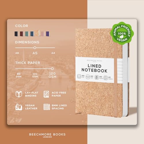 BEECHMORE BOOKS Lined Journal Notebook, 5.8 x 8.3 inch, A5 160 Lined Pages, Hardcover Leather Journals for Women, Men, Writing and Notebooks for Work - 120 GSM Thick Paper, Gifts Box Included - Thumbnail 3