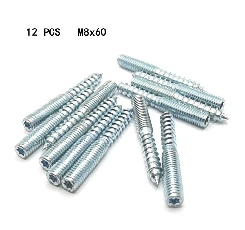 Image of Hanger Bolt M8x60 Silvery Double Headed Bolt Self-Tapping Screw for Furniture 12Pcs