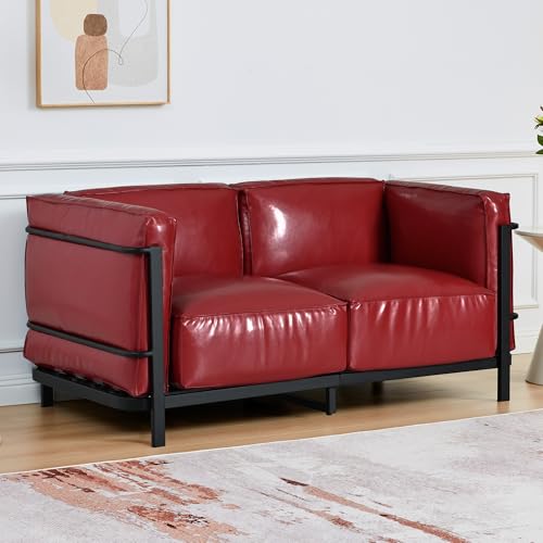 Image of QHITTY Loveseat Sofa, Mid-Century Modern Upholstered Couch Chair Faux Leather Sofa Couch with Iron Frame and Upholstered Armrest Backrest Cushion for Living Room, Office, Apartment (Burgundy)