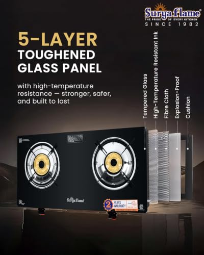 Image of Surya Flame LPG Gas Stove 2 Burners Glass Top with High Powered Brass Burner, Premium Toughened Glass & Powder Coated Body for Modular Kitchen, ISI Certified & 2 Years Warranty with Doorstep Service