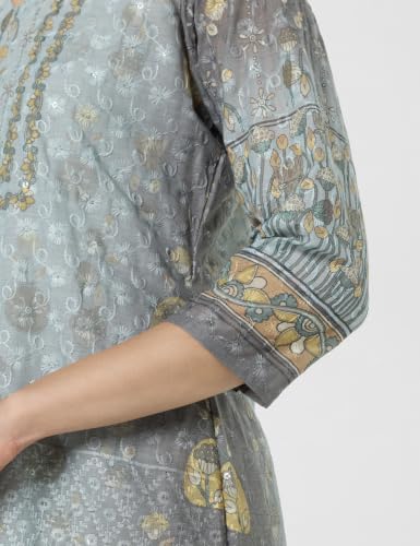 Image of Soch Womens Powder Blue Cotton Blend Floral Embroidered Tunic with Schiffli