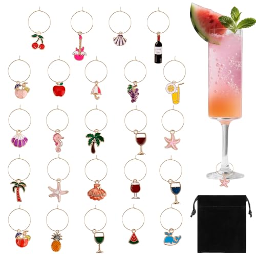 Wine Glass Charms 24 pcs with Gold Rings for Stem Glasses