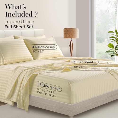 Casa Platino 100% Egyptian Cotton Sheets Full Size Set - 6 Pieces - Damask Stripe- Ultra Smooth Sateen Weave Bed Sheets Set with 15" Deep Pockets - Ivory