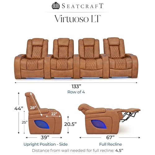 Image of Seatcraft Virtuoso LT Tawny Italian Leather Home Theater Seating, Zero Gravity Power Recliner, Powered Headrest and Lumbar Gaming and Home Office Chair, Heat and Massage Lounge Sofa, Row of 4