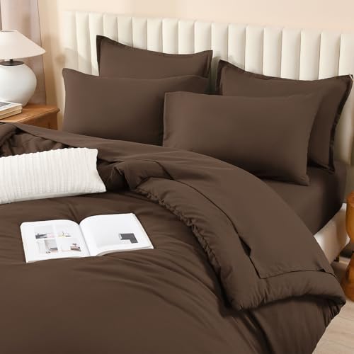 Image of Litanika Super King Plus Comforter Sets Brown - 7 Pieces Bed in a Bag Beddding Sets, Solid Lightweight Bed Set with Comforter, Sheets, Pillowcases & Shams