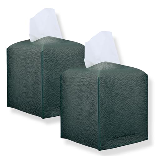 Premium PU Leather Tissue Box Holder - Elegant Hotel-Style Tissue Box Cover for Home, Office & Car Décor, Tissues Cube Organizer for a Natural & Classic Look (Dark-Green 2 Pack)