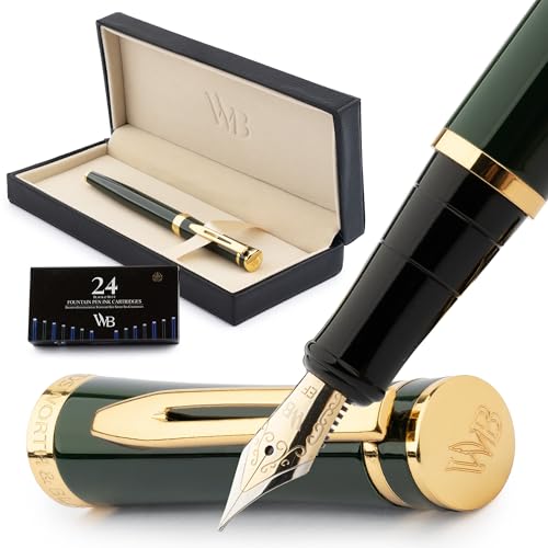Image of Wordsworth & Black Fountain Pen Set for Writing, Extra Fine Nib, Green | Gift for Men & Women, Brass Body, 18K German Iridium, Calligraphy, Converter + 24 Ink Cartridges, Refillable, Leak-Free