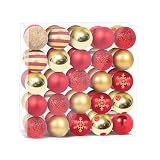 Christmas Tree Baubles Set, Norvens 50 Pcs Christmas Tree Decorations Ball Ornaments Shatterproof Christmas Decoration, 9 Styles 4 CM Matte and Glitter Xmas Hanging Decor, Gold and Red