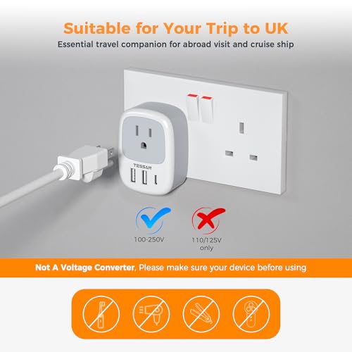 Image of UK Adapters for Travel, TESSAN US to UK Plug Adapter, Ireland Outlet Plug with 3 USB Charger (1 USB C Port), Type G Power Adaptor for USA to England Qatar Hong Kong Scotland Dubai London Kenya Irish