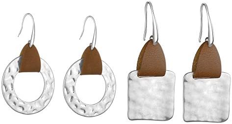 Women Pu Leather Geometric Irregular Round Earring for Girls Square Dangle Drop Boho Ear Jewelry-2 pairs