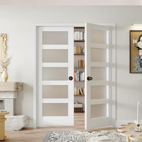 Image of (36 inch x 2) x 80 inch Frosted Glass French Door Slab, White 5 Lite Pantry Door with Black Knobs & Lock, Easy to Assemble Interior Doors for Bathroom, Bedroom, Laundry