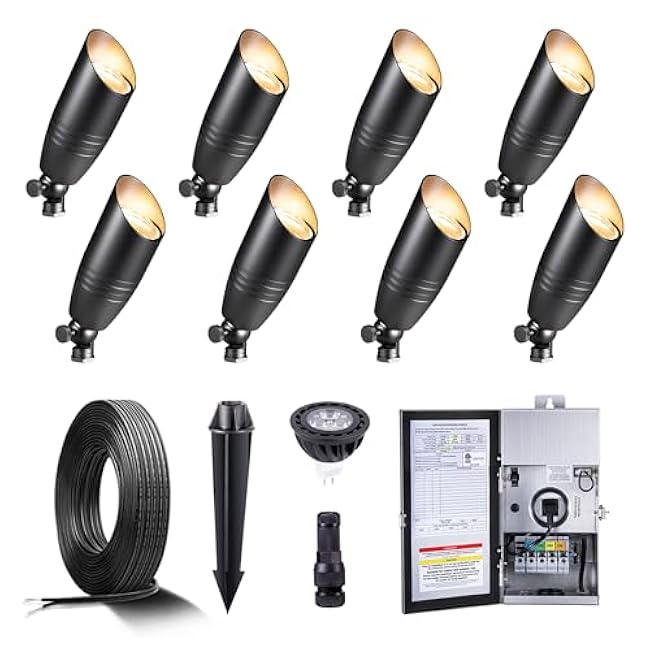 Landscape Spotlights Low Voltage - Brass 12V Outdoor Uplight LED, Wired Spot Lights IP65 Waterproof, Black for Exterior Garden Yard Tree House with 5W 2700K Warm White MR16 Bulb