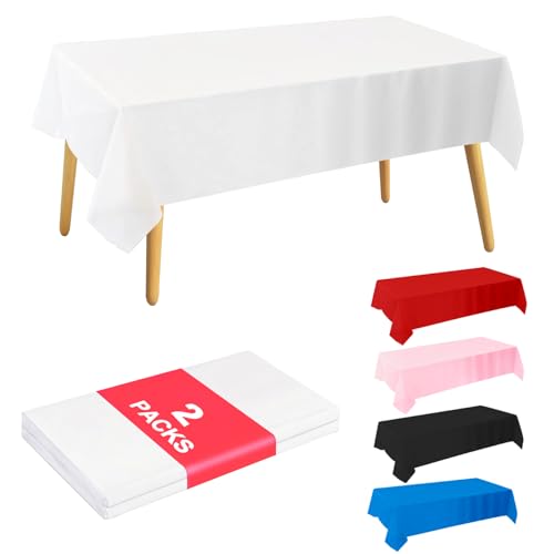 KINREEB Disposable Table Cloth 2-Pack 54x108 Inch, Decorative Tablecloths Waterproof Plastic Rectangle Table Cover for Holiday Party Wedding Gathering Camping Picnic, White