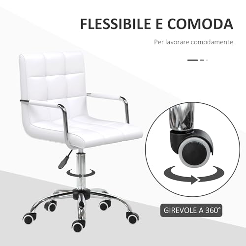 Sedia da Ufficio in pelle PU Bianca con 5 Ruote Girevoli, Imbottitura e Altezza Regolabile, 52.5x54x84-99cm - Sedia gaming - Immagine 4