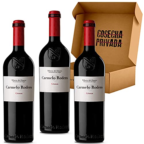 Carmelo Rodero Crianza - Envío Gratis 24 H - 3 Botellas - Estuche Vino Ribera del Duero - Lote 3 botellas x 0,75cl - Seleccionado y enviado en caja con protección de Cosecha Privada