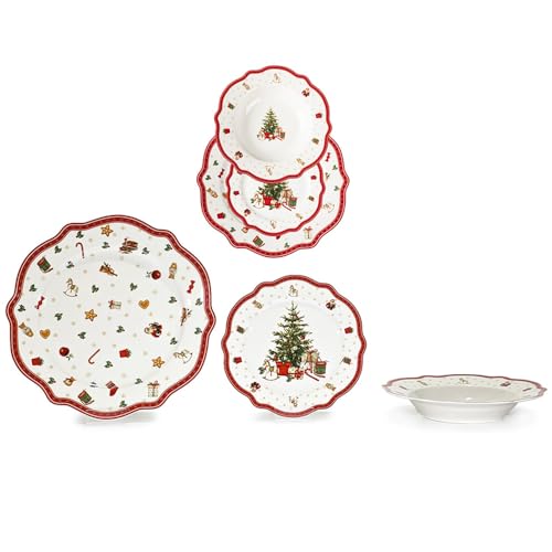 COSE DA CASA Servizio di Piatti natalizio per 6 Persone 18 pezzi in porcellana bordi smerlati decorazioni di natale per una tavola particolare ed elegante idea regalo