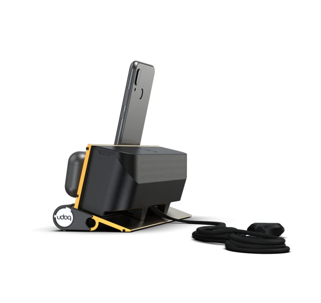 udoq 250 USB-C Ladestation aus Aluminium mit 2 Ladeplätzen und 68W Schnellladen, modulares Starter-Set erweiterbar, Ladehub für Smartphone & Mobile Geräte, Gold eloxiert