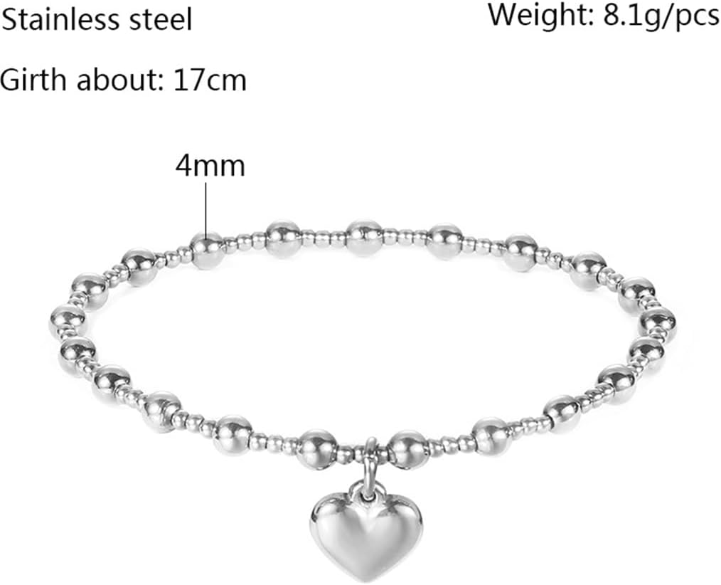 Jude Jewelers Stainless Steel Beaded Chain Heart Charm Wedding Statement Party Bracelet