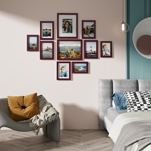 Image of Vittanly Picture Frames Set of 10, Picture Frames Collage Wall Decor with Two 8x10, Four 5x7 and Four 4x6 Photo Frames, Gallery Wall Frame Set for Wall or Tabletop Display, Cherry Red