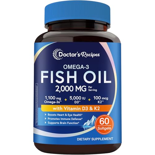 Doctors Recipes Omega-3 Fish Oil with Vitamin D3 K2 1100 mg Omega-3 Fatty Acids D3 5000 iu & K2 100 mcg for Healthy Heart Brain Eye Support for Women and Men 60 Softgels