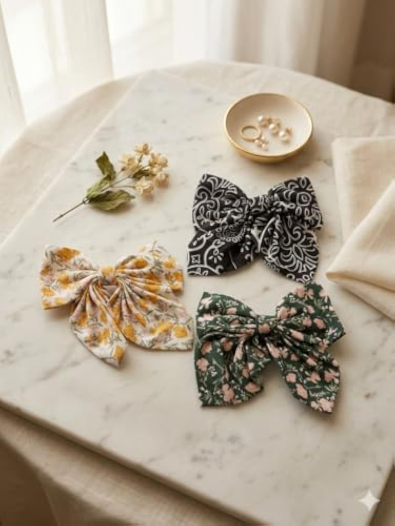 Handcrafted Floral Print Fabric Hair Bow Clip, Botanical Style