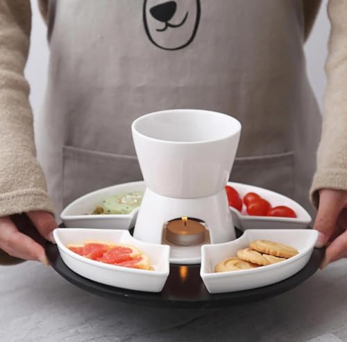 Keramik Schokofondue Set, 300ML Schokoladenfondue mit 4 Keramiktellern und 4 Gabeln, für Käse Fondue Familienessen Nachtisch Picknicks, Weiß – Bild 3