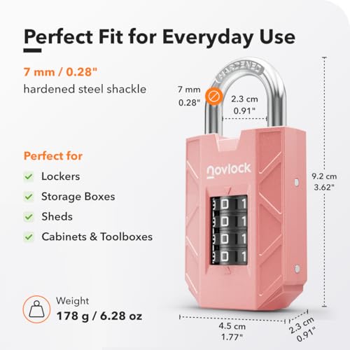 Miniatura 2 de Novlock Candado De Combinación De 4 Dígitos Resistente Y Seguro Arco De Acero Templado De 7 Mm Para Taquillas, Armarios, Portones, Vallas Y Cobertizos 1 Unidad, Rosa