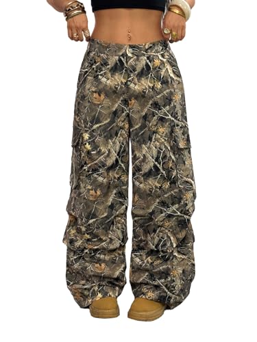 OYOANGLE Women's Camo Print Baggy Cargo Pants Elastic Waist Flap