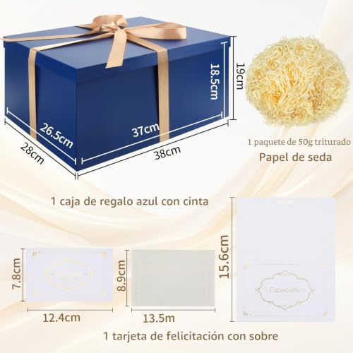 Miniatura 2 de Juego Cajas Regalo, Cajas Regalo Azul Con Tapas Caja Regalo Grande Con Cinta 38 X 28 X 19 Cm Caja Regalo Papel Seda Triturado Tarjetas Felicitación Para Navidad Cumpleaños Aniversario Bodas