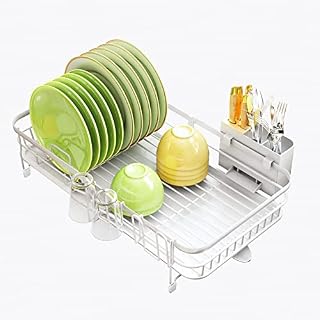 SAYZH Dish Drainer Rack, Expandable(32.5 cm-54.6 cm) Dish Rack with Utensil Holder Cup Holder, Stainless Steel Dish Rack and Drainboard Set for Kitchen Counter, White