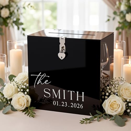Novabright 10 Inches Wedding Acrylic Card Box with Slot Lock and Last Name Transfers Money Box for Bridal Shower Wedding Baby Shower Birthday Party No Assembly Needed(Black Classic Style)