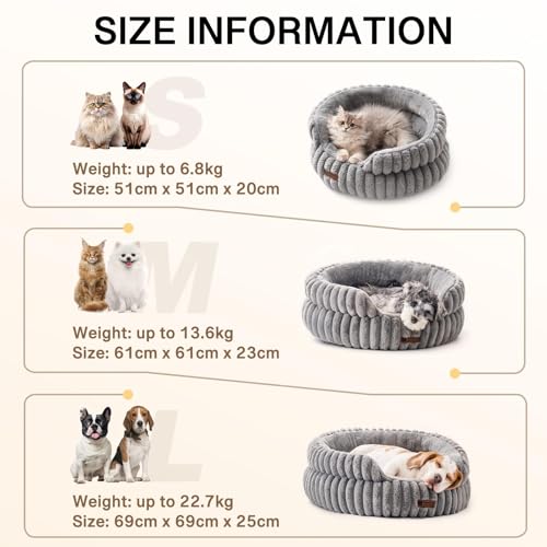 MEWOOFUN Stilvolle Katzenbetten für Katzen, weiches rundes Hundebett für kleine und mittelgroße Hunde, waschbares, beruhigendes Haustierbett (Grau, S)